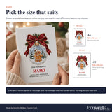 White christmas card mamó christmas card with gingerbread man in glass bauble red ribbon and green pine branches