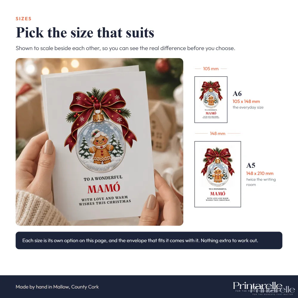 White christmas card mamó christmas card with gingerbread man in glass bauble red ribbon and green pine branches