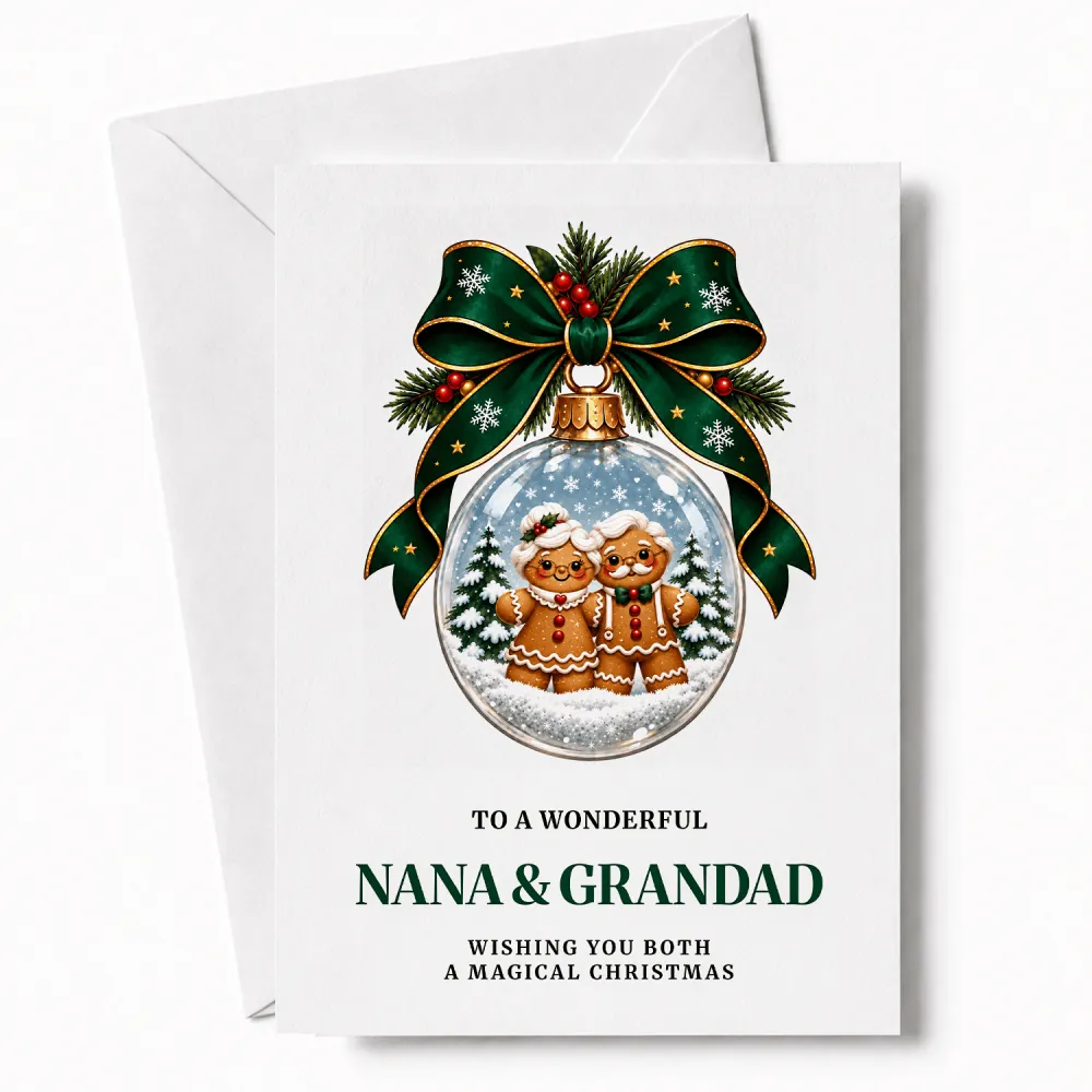 A festive white personalised nana and grandad christmas card with a glass bauble and gingerbread figures design