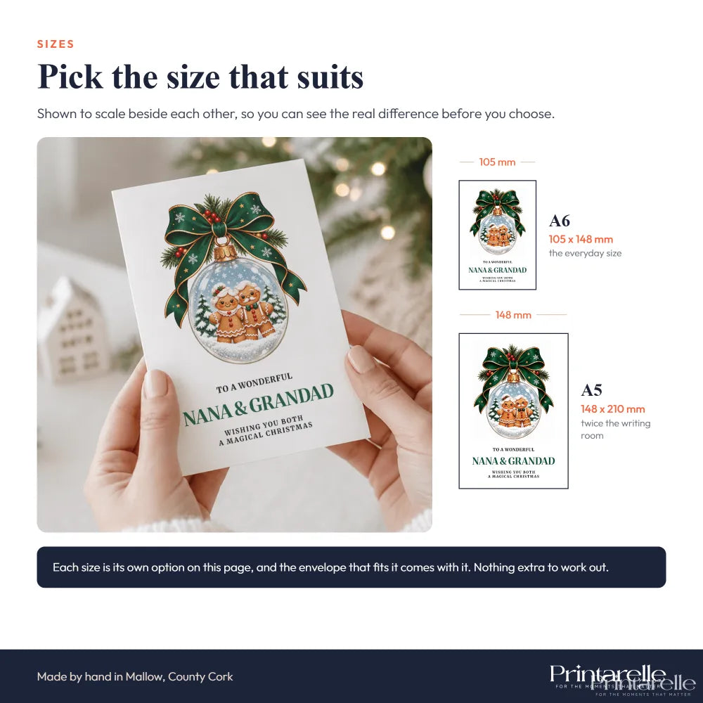 A white personalised nana and grandad christmas card with a glass bauble design featuring gingerbread cookies inside a snow globe