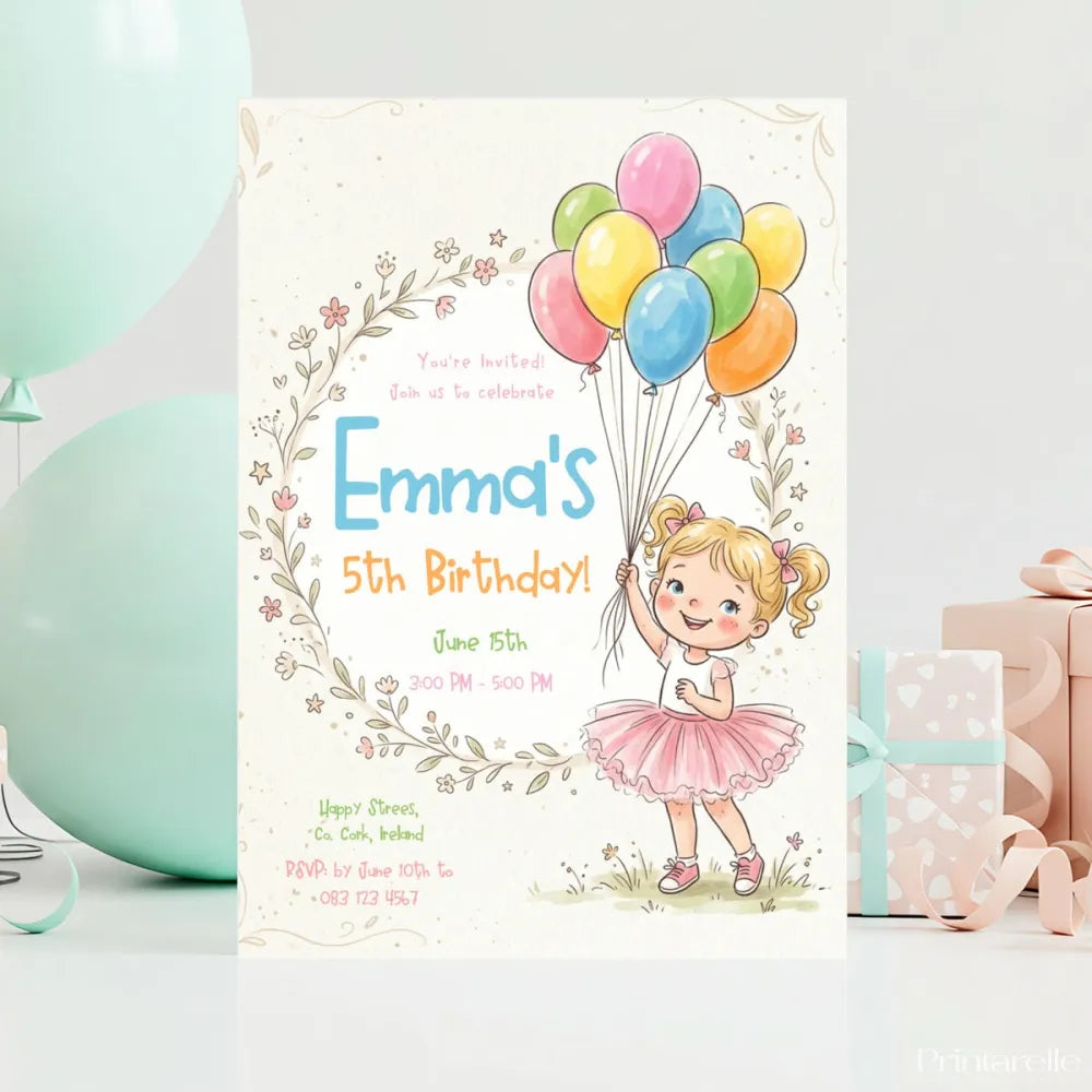 Little Girl Balloon Birthday Party Invitation - birthday party, girl balloon birthday, balloon birthday party, birthday
