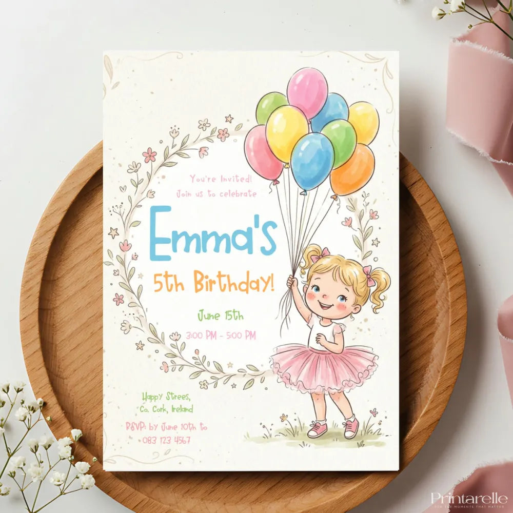 Little Girl Balloon Birthday Party Invitation - birthday party, girl balloon birthday, balloon birthday party, birthday