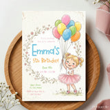 Little Girl Balloon Birthday Party Invitation - birthday party, girl balloon birthday, balloon birthday party, birthday