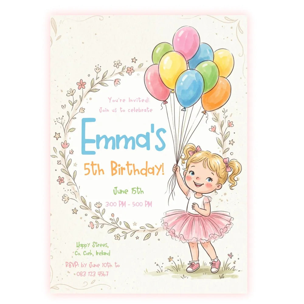 Little Girl Balloon Birthday Party Invitation - birthday party, girl balloon birthday, balloon birthday party, birthday