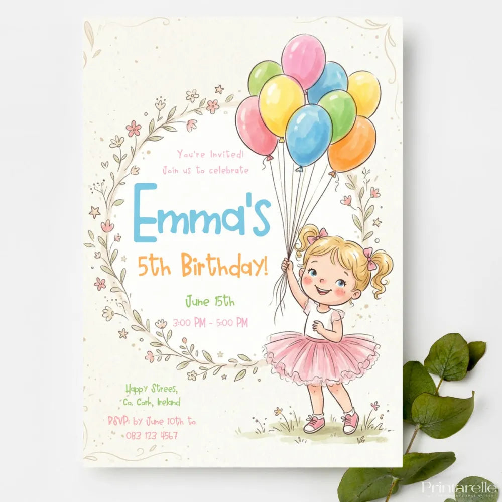Little Girl Balloon Birthday Party Invitation - birthday party, girl balloon birthday, balloon birthday party, birthday