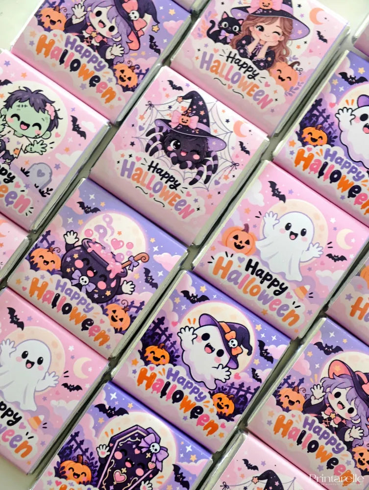 Pink and purple mini neapolitan chocolates featuring cute halloween ghosts witches and pumpkins in little monsters boxes