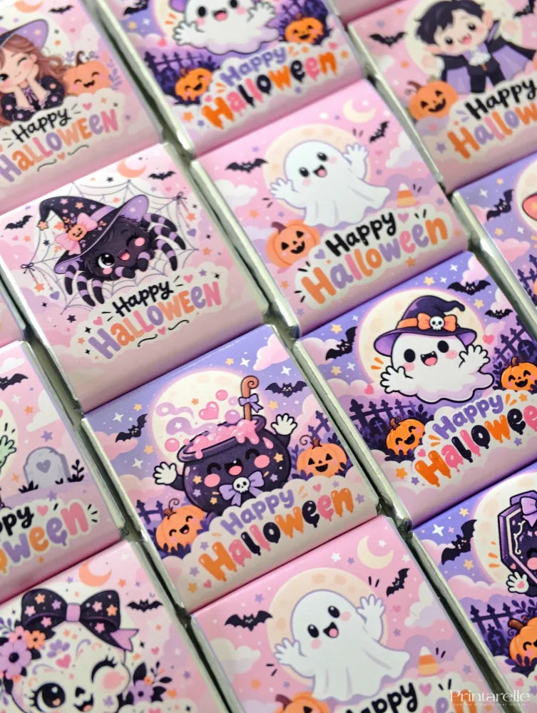 Pink and purple halloween mini neapolitan chocolates with cute ghost witch and pumpkin cartoon wrappers