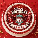 Red and white iced edible cake topper with liverpool fc crest scarves and james name on festive icing sheet