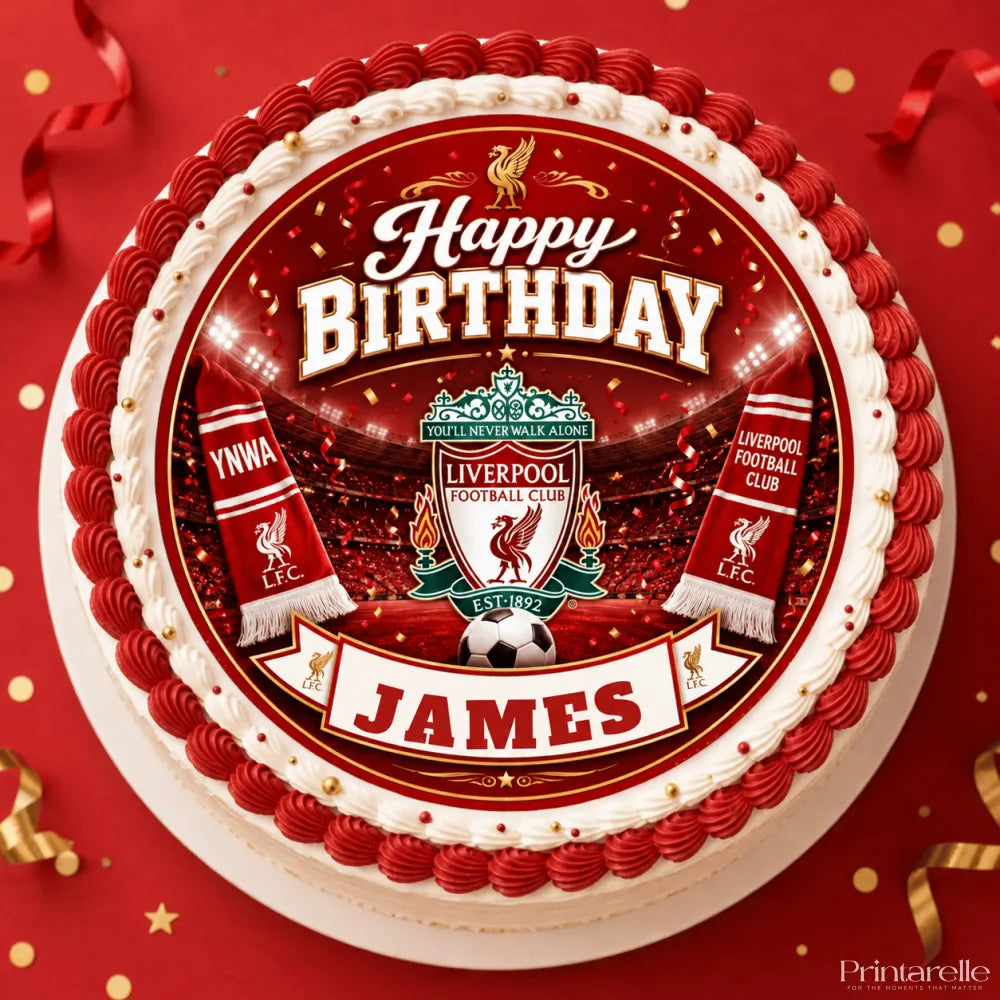 Red and white iced edible cake topper with liverpool fc crest scarves and james name on festive icing sheet