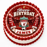 Red and white frosted edible cake topper with liverpool fc crest icing sheet scarves and stadium scene for birthday