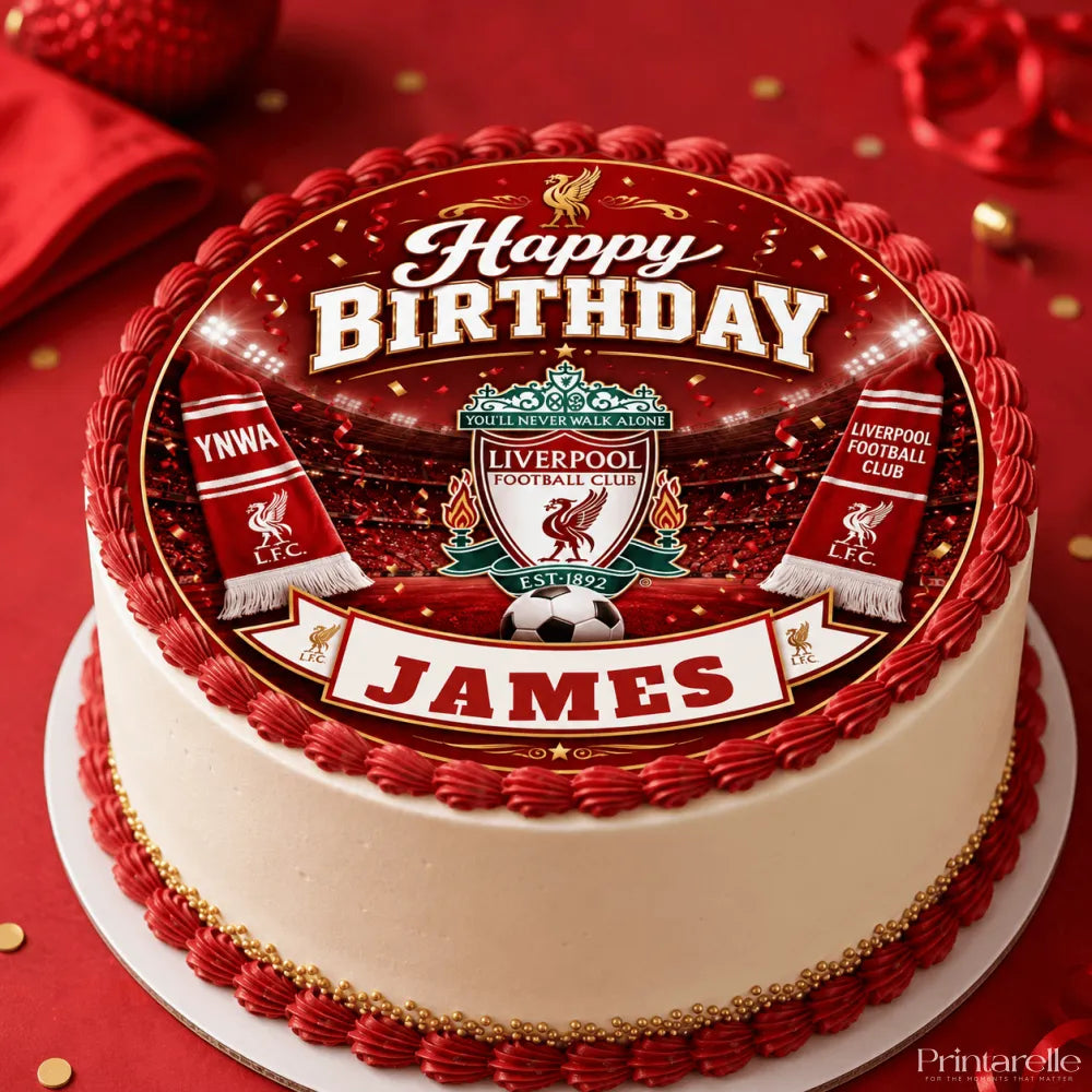 Red and white edible cake with liverpool fc theme featuring crest scarves and james personalized cake topper icing sheet