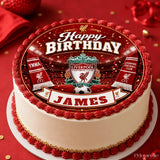 Red and white edible cake with liverpool fc theme featuring crest scarves and james personalized cake topper icing sheet