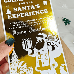 Promotional flyer for Santa's Experience with festive design and text.