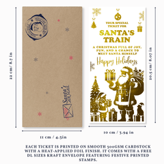 Christmas-themed ticket with Santa Claus illustration and kraft envelope, showing dimensions.
