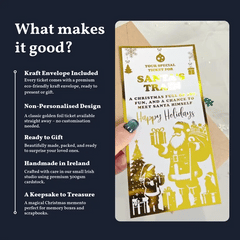 Santa ticket with gold foil design held by a hand, on a dark background with text about the product.