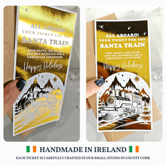 Two Christmas-themed tickets for the Santa Train, held by hands with decorative nails, on a white background. 'Handmade in Ireland' text and logo are displayed below.