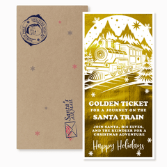 Gold and brown Christmas card with train illustration and text on a white background