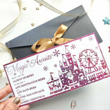Pink glitter magic awaits castle reveal card featuring santa and rides in a festive theme park reveal for kids