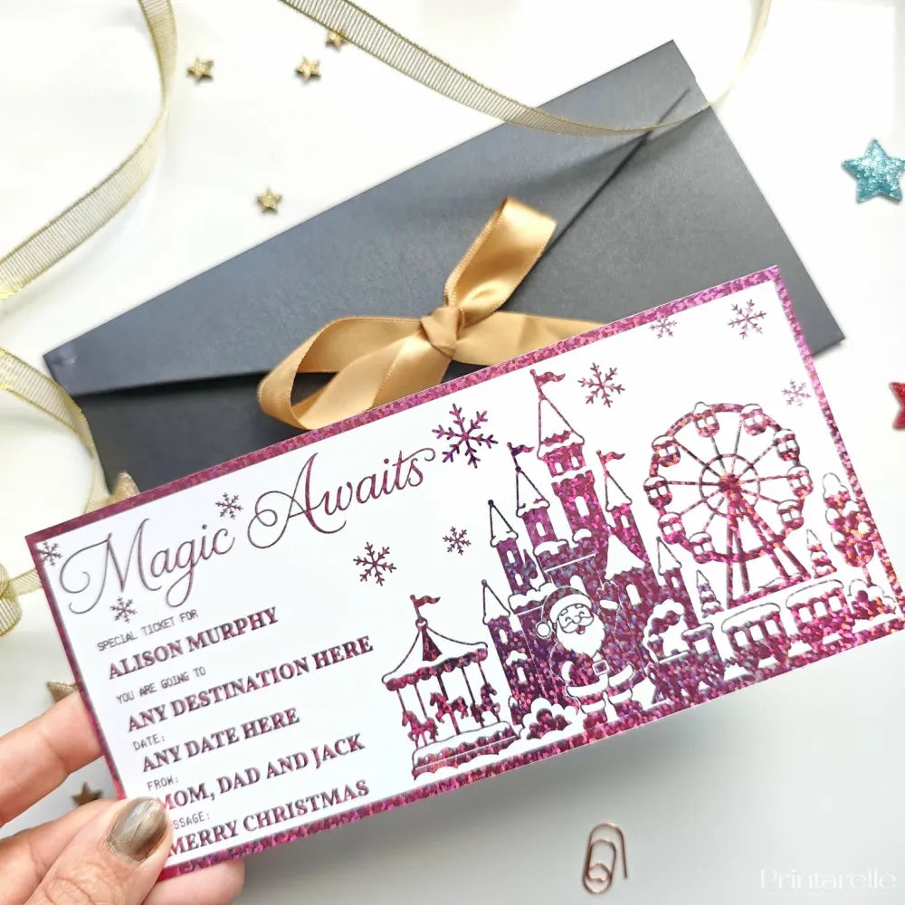 Pink glitter magic awaits castle reveal card featuring santa and rides in a festive theme park reveal for kids