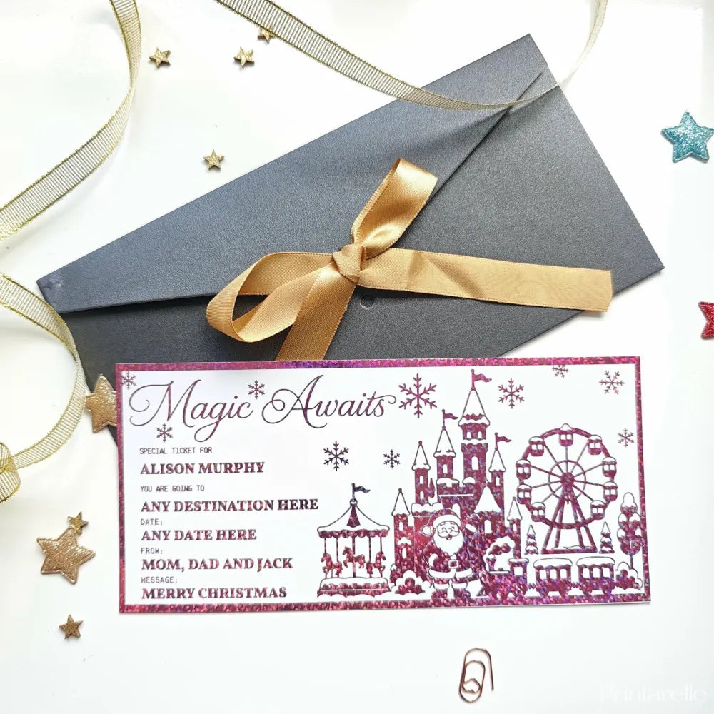 A festive magenta glitter reveal card showing a whimsical winter carnival with castles ferris wheel and santa claus theme park reveal