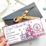 Pink glittery magic awaits reveal card with theme park castles santa claus and snowflakes for christmas surprise