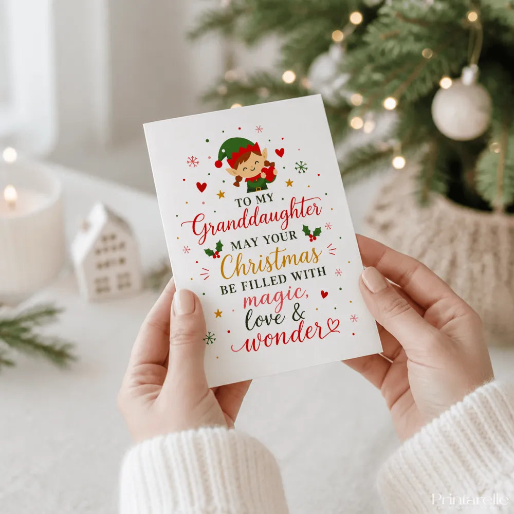 White christmas card with green elf and red gold green festive text to my granddaughter granddaughter christmas card