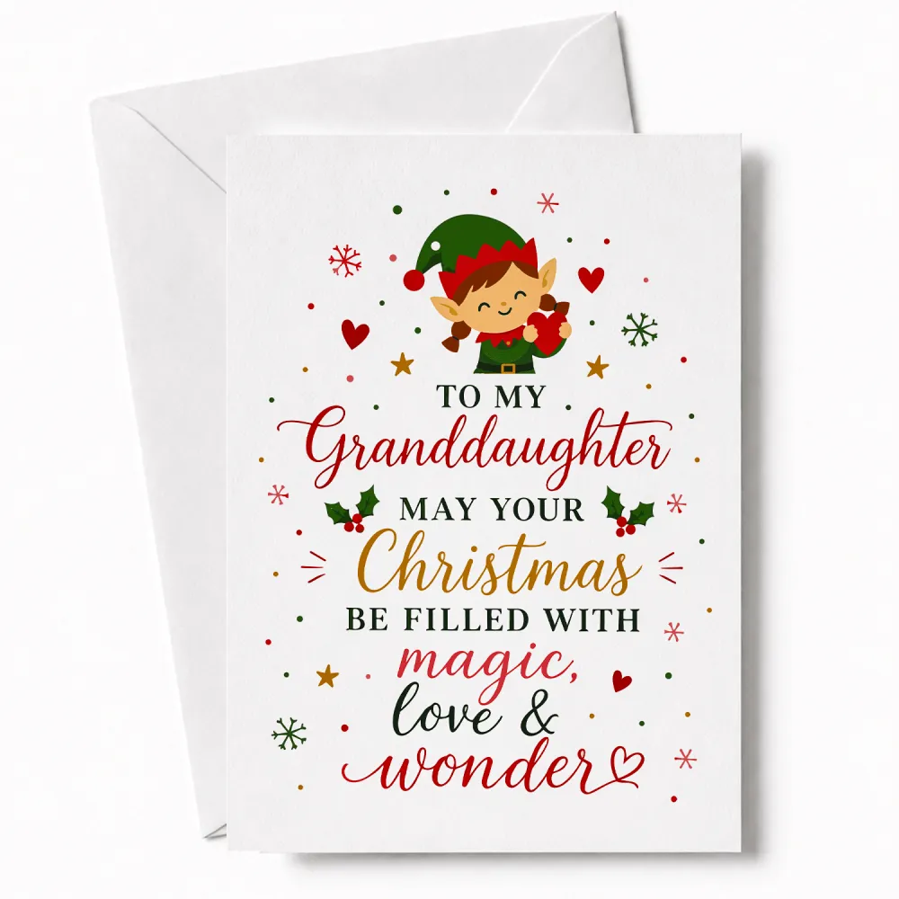 A festive white granddaughter christmas card featuring a cheerful elf holding a heart with holiday decorations