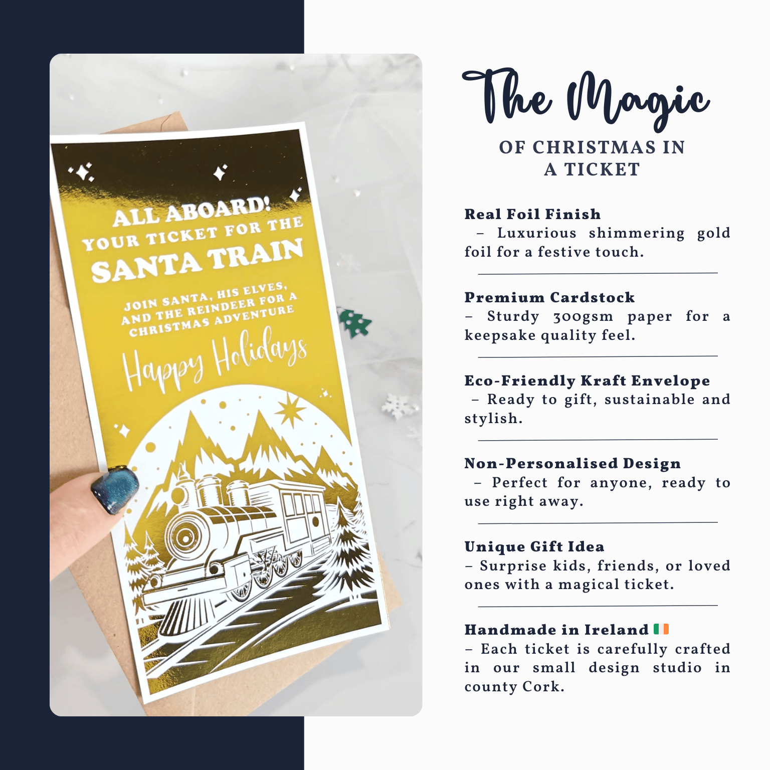 Christmas ticket with Santa Train design and product details on a white background