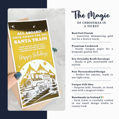 Christmas ticket with Santa Train design and product details on a white background