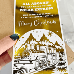 Promotional flyer for the Polar Express with a train illustration and festive text.