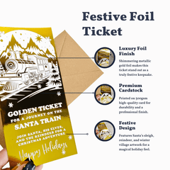 Festive foil ticket with train design and text, featuring a luxury gold foil finish and premium cardstock.