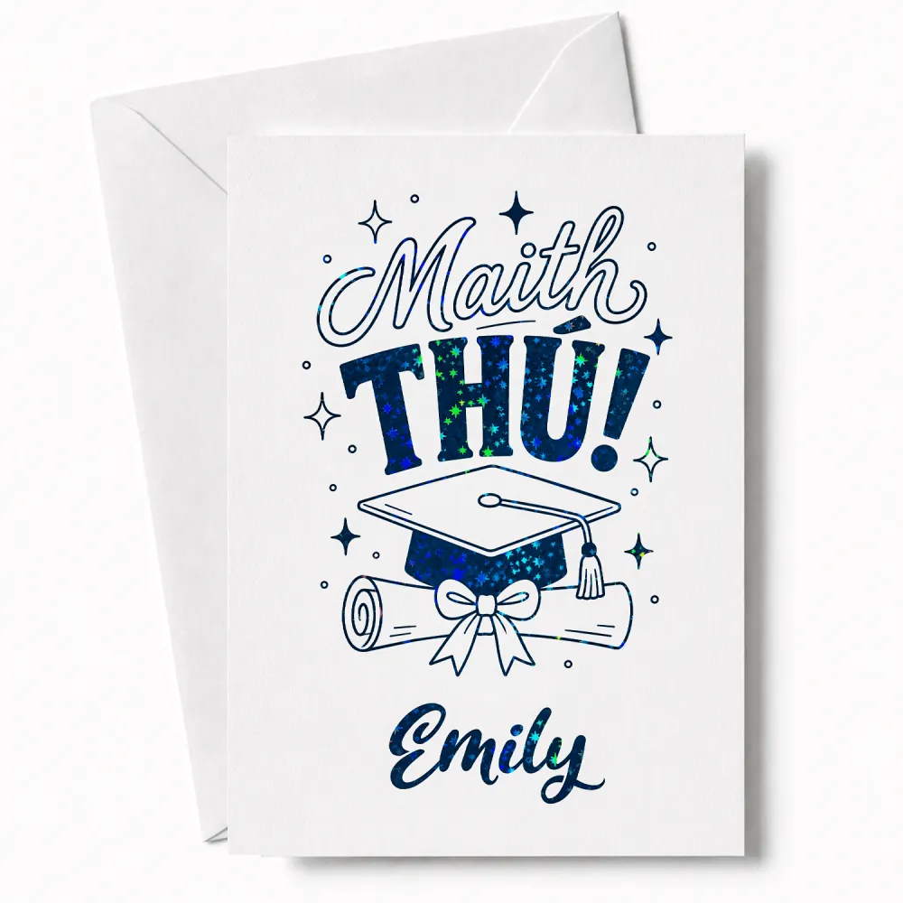 White graduation card with blue glittery design and irish language graduation text maith thú personalized for emily