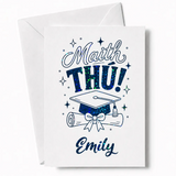 White graduation card with blue glittery design and irish language graduation text maith thú personalized for emily