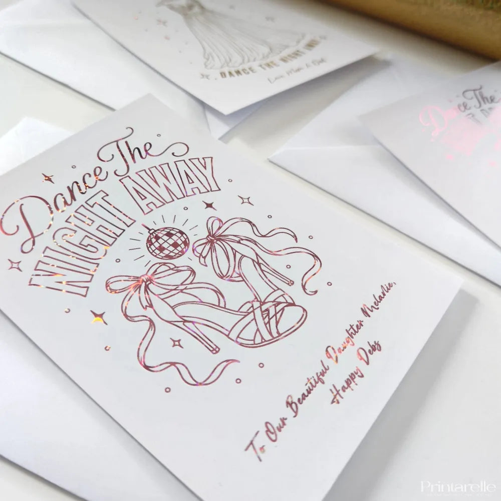 A white graduation card with rose gold foil disco ball and heels personalized for our beautiful daughter melanie from happy dobs
