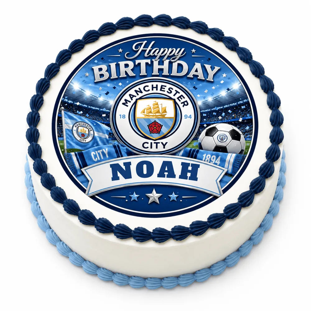 A round manchester city birthday cake with blue and white icing and an edible icing sheet cake topper design