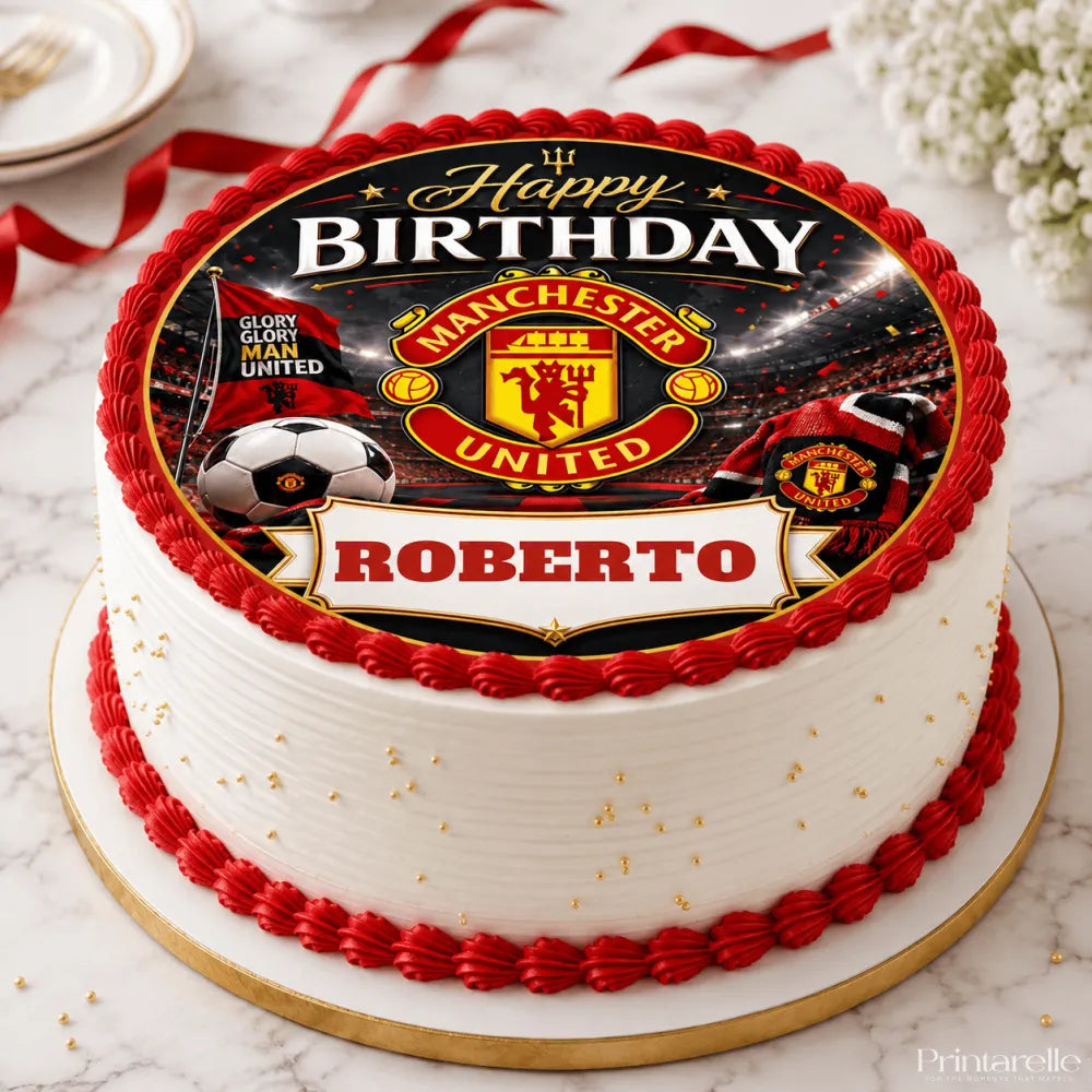 A white frosted birthday cake with red borders and gold sprinkles topped with a manchester united icing sheet cake topper