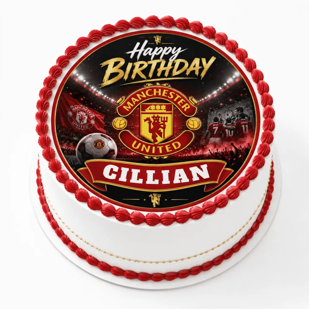 Red and white frosted birthday cake with manchester united dark stadium cake topper and edible icing sheet