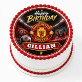 Red and white frosted birthday cake with manchester united dark stadium cake topper and edible icing sheet