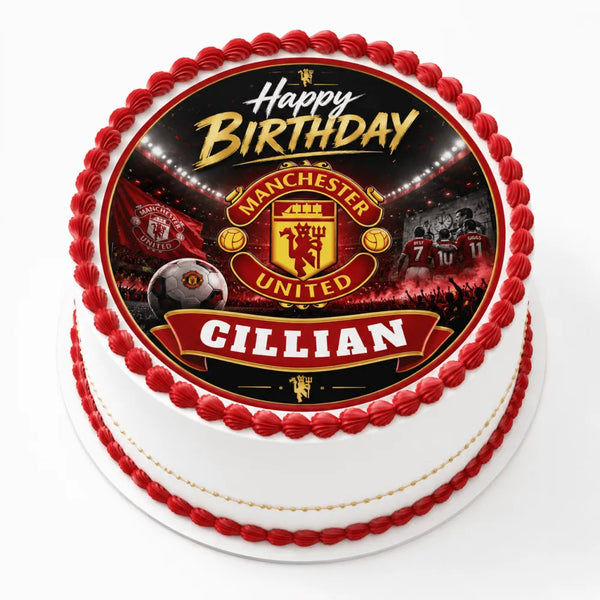 Red and white frosted birthday cake with manchester united dark stadium cake topper and edible icing sheet