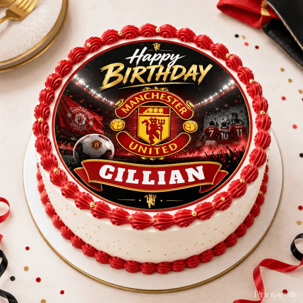 Red and white frosted manchester united birthday cake with edible dark stadium cake topper and personalized icing sheet cillian
