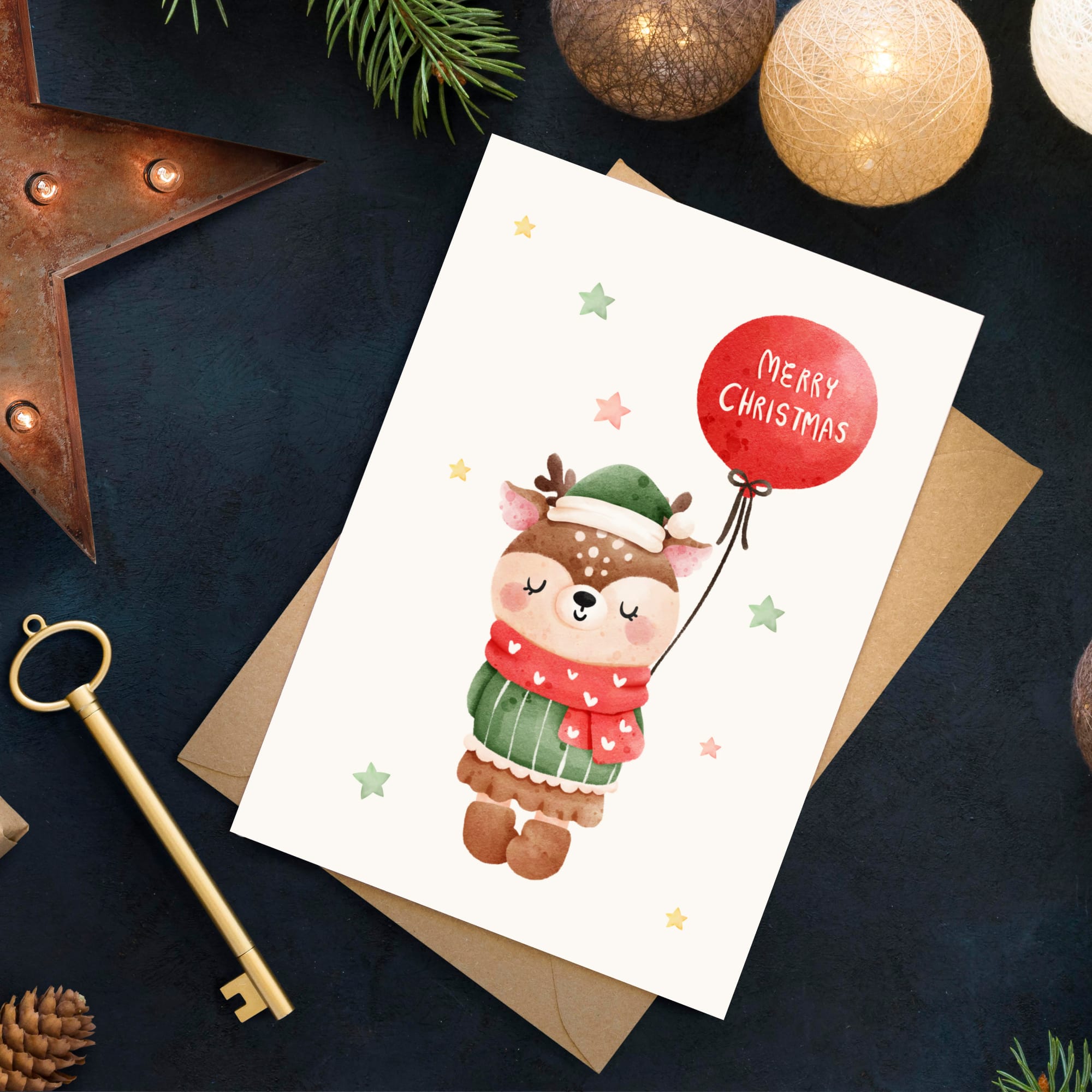 Christmas card with a reindeer holding a 'Merry Christmas' balloon on a dark surface with festive decorations.