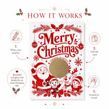 Red foil scratch reveal christmas card with santa elves and reindeer on white background perfect for holiday greetings