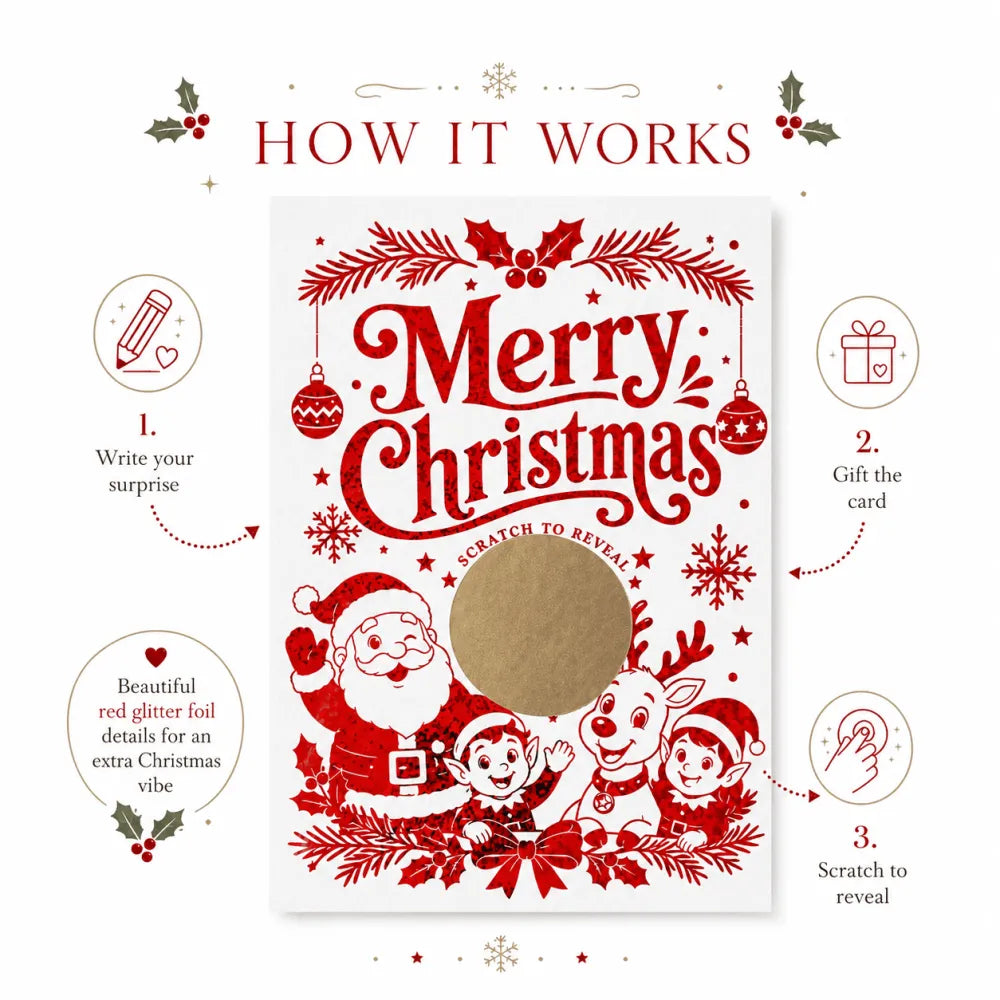 Red foil scratch reveal christmas card with santa elves and reindeer on white background perfect for holiday greetings