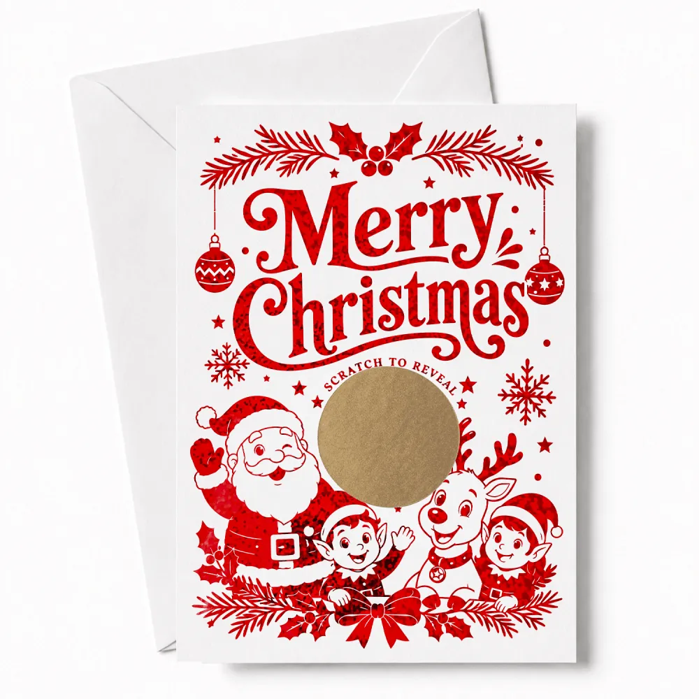 Red foil merry christmas scratch reveal card with santa elves and reindeer festive holiday designs