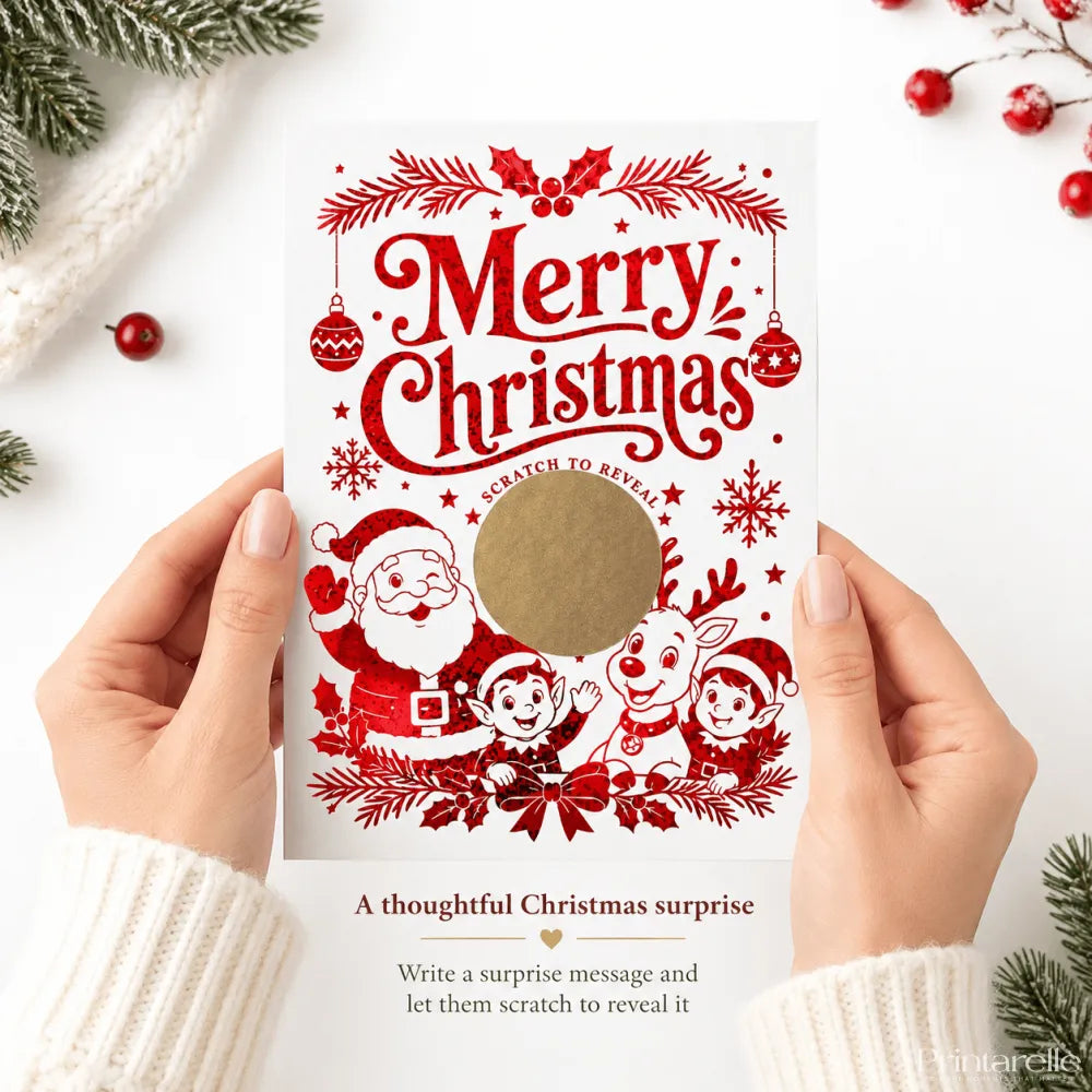 Red foil merry christmas scratch reveal card with santa elves reindeer and festive holiday decorations