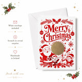 Red foil merry christmas scratch reveal card with santa elves reindeer and gold circular scratch area festive design
