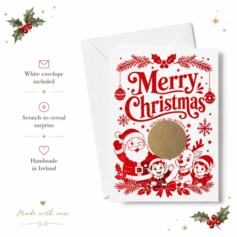 Red foil merry christmas scratch reveal card with santa elves reindeer and gold circular scratch area festive design