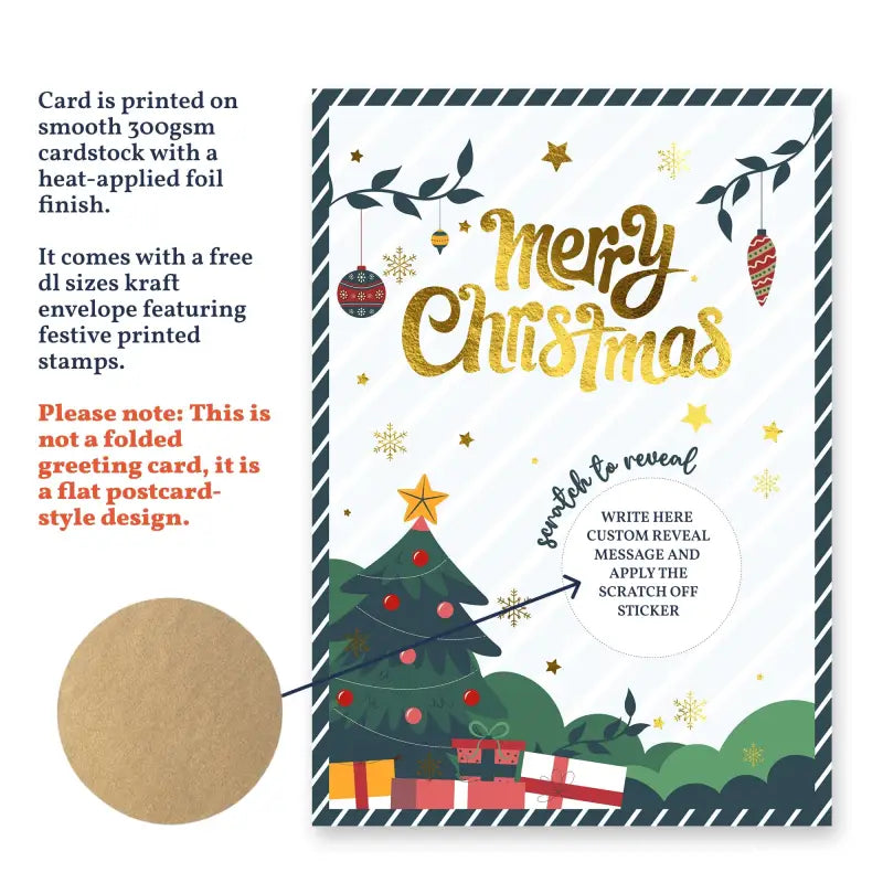 Christmas-themed scratch-off card with gold text and festive design, featuring a kraft envelope.