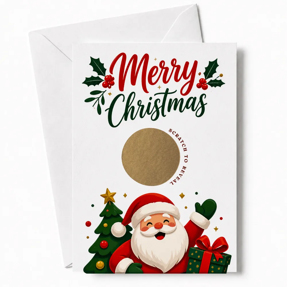 White merry christmas scratch reveal card with cute santa in red and white surrounded by holly gold stars and presents