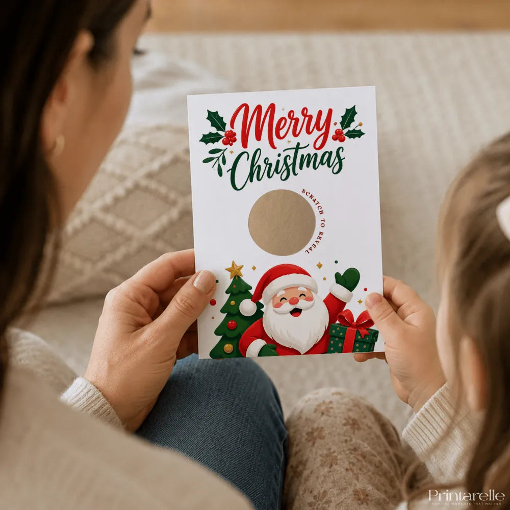 A festive white merry christmas scratch reveal card with cheerful santa claus green holly and red berries